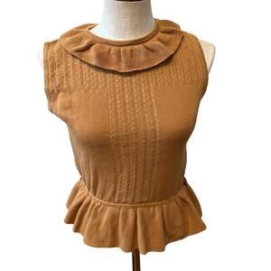 MOUSSY Vintage Pointelle Knit Ruffled Peplum Top Camel